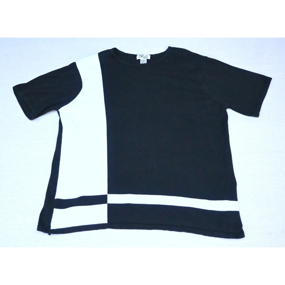Style and Co Vintage 90s Womens 3X Black White Colorblock Knit Top Short Sleeve